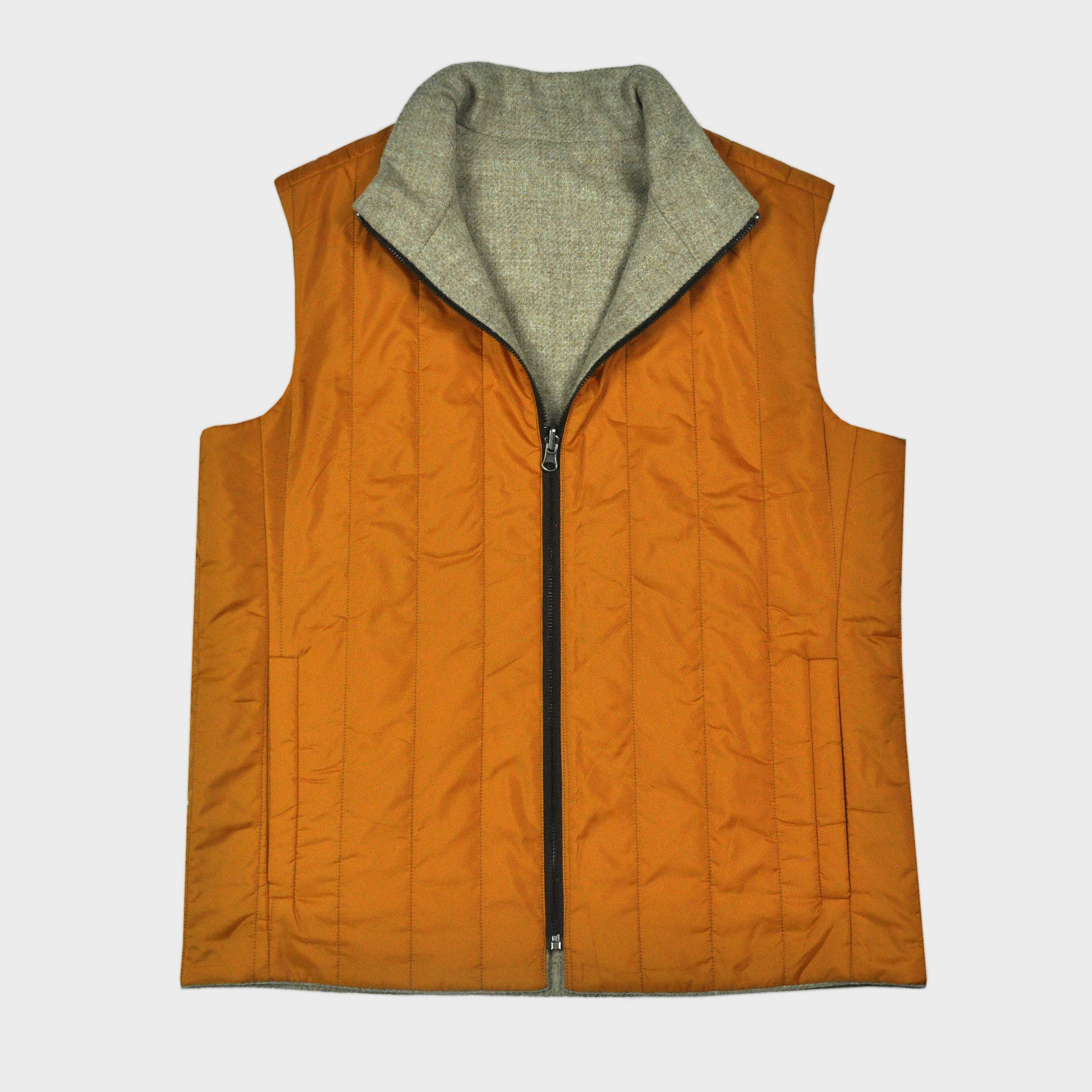 Reversible Wool & Puffer Gilet in Oatmeal & Orange