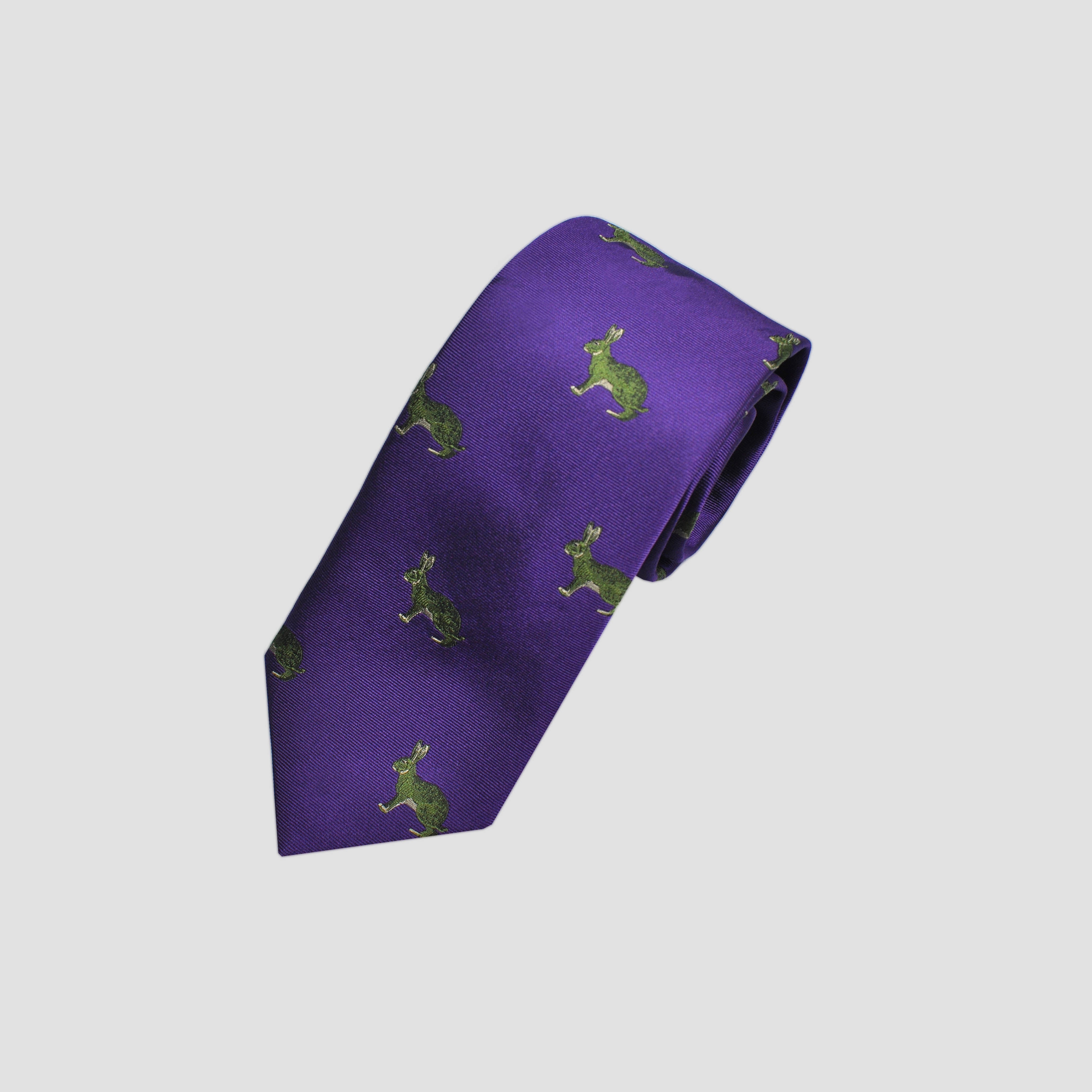 English Woven Silk 'Green Rabbit' Tie in Purple