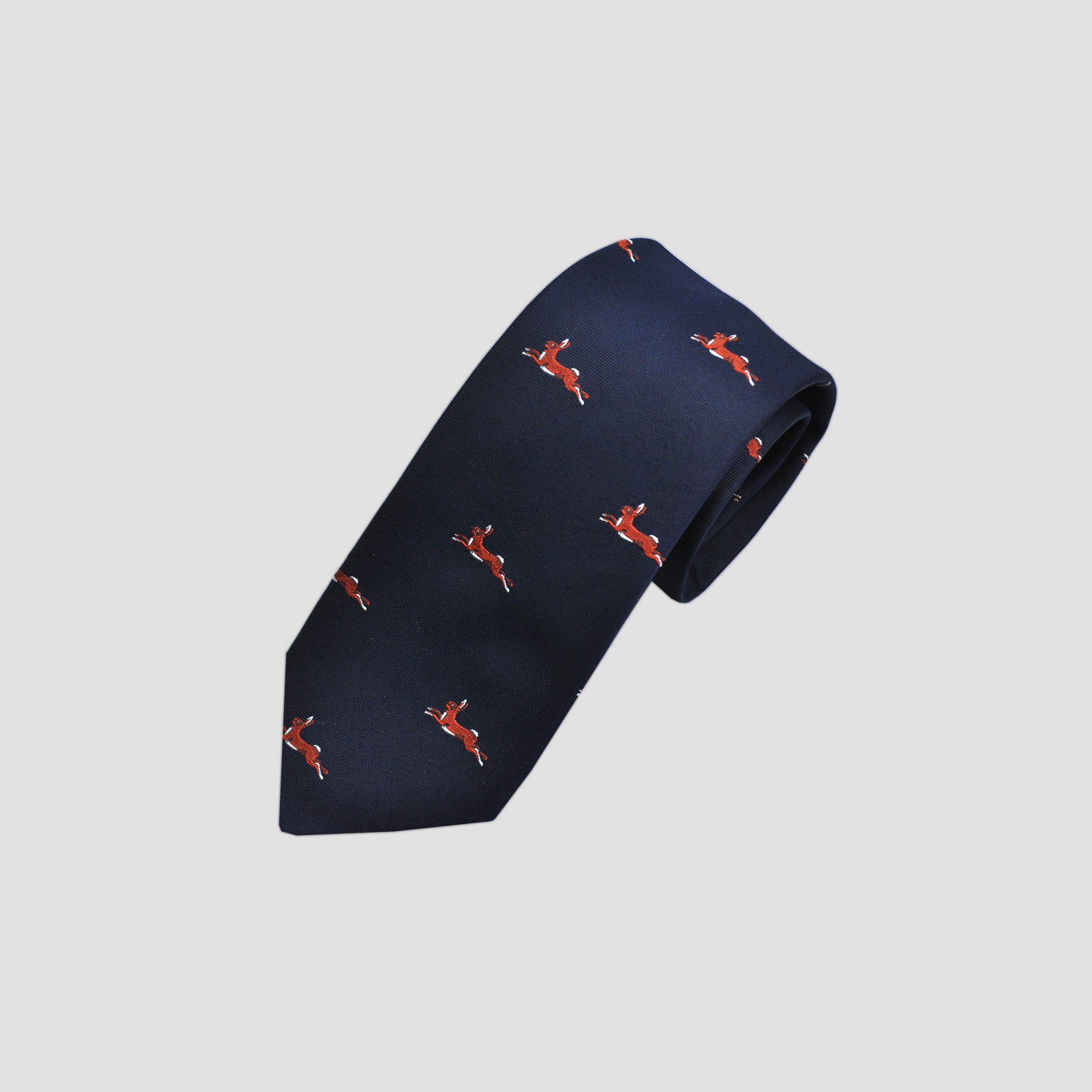 English Woven Silk 'Jumping Hare' Tie in Navy