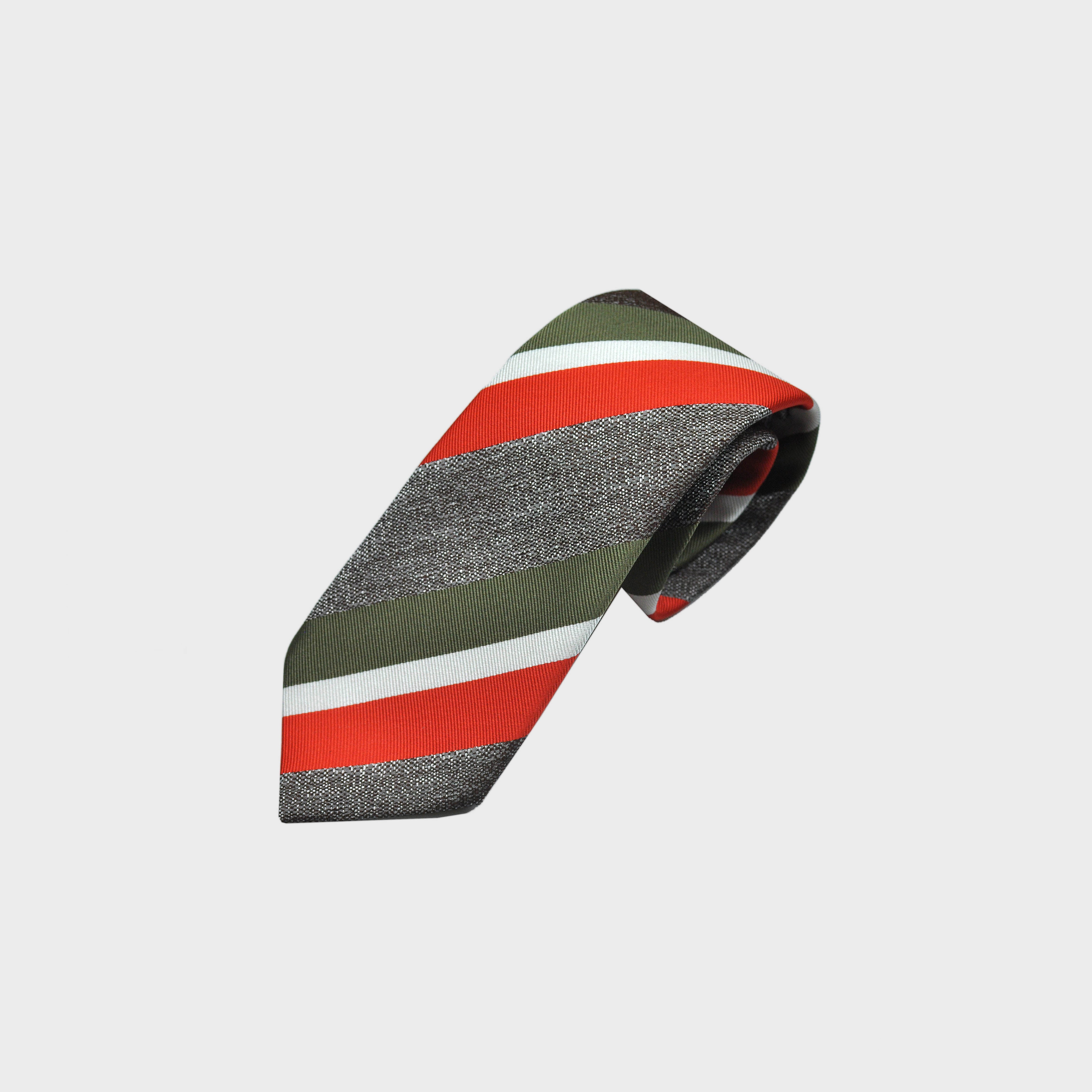 Red, White & Olive Reppe Stripes on Grey Tussah Silk Tie