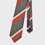 Red, White & Olive Reppe Stripes on Grey Tussah Silk Tie