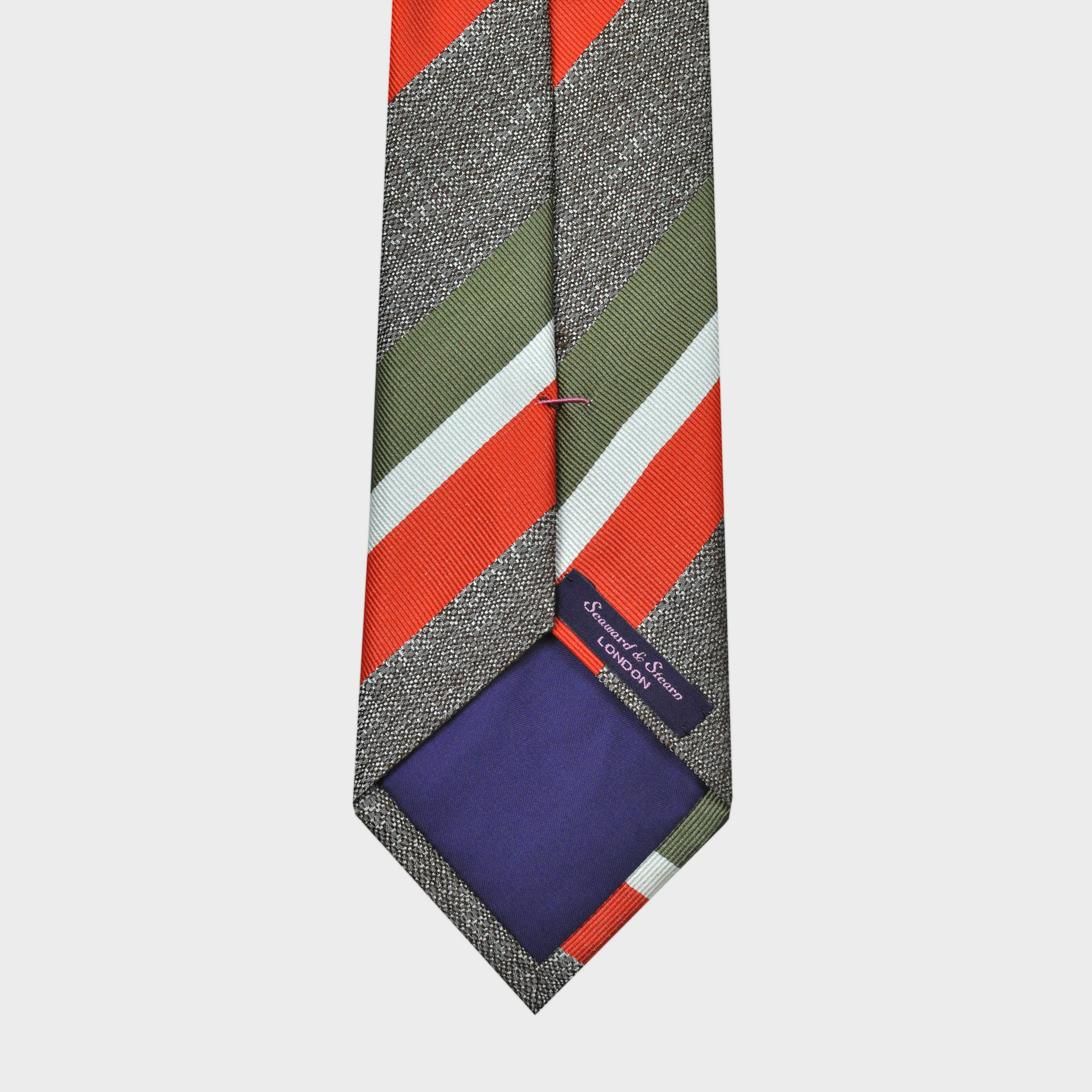 Red, White & Olive Reppe Stripes on Grey Tussah Silk Tie