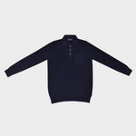 Long Sleeved Ribbed Cotton Polo with Breast Pocket in Navy Blue
