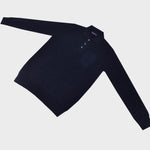 Long Sleeved Ribbed Cotton Polo with Breast Pocket in Navy Blue