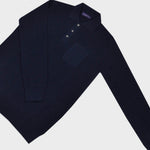 Long Sleeved Ribbed Cotton Polo with Breast Pocket in Navy Blue