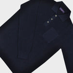 Long Sleeved Ribbed Cotton Polo with Breast Pocket in Navy Blue