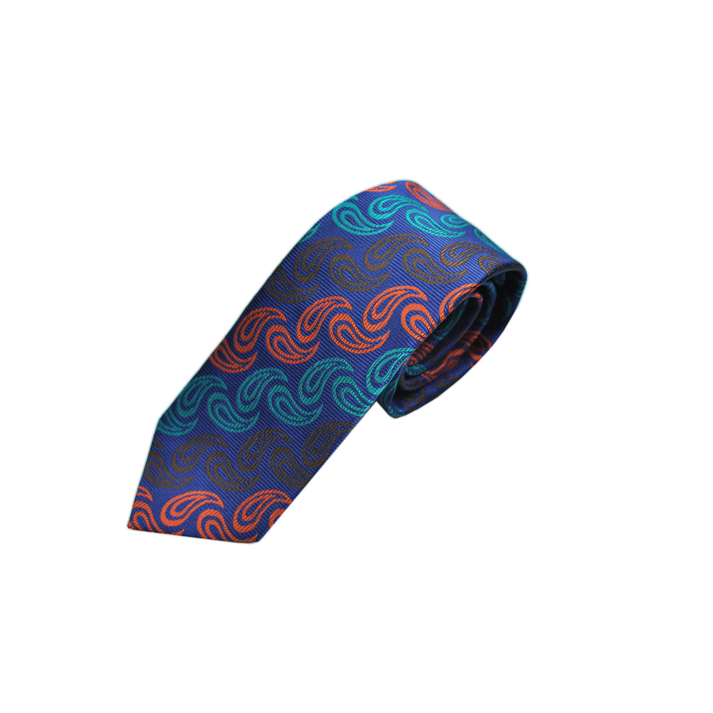 Teardrop Reppe Silk Tie in Blue, Teal, Ochre & Brown