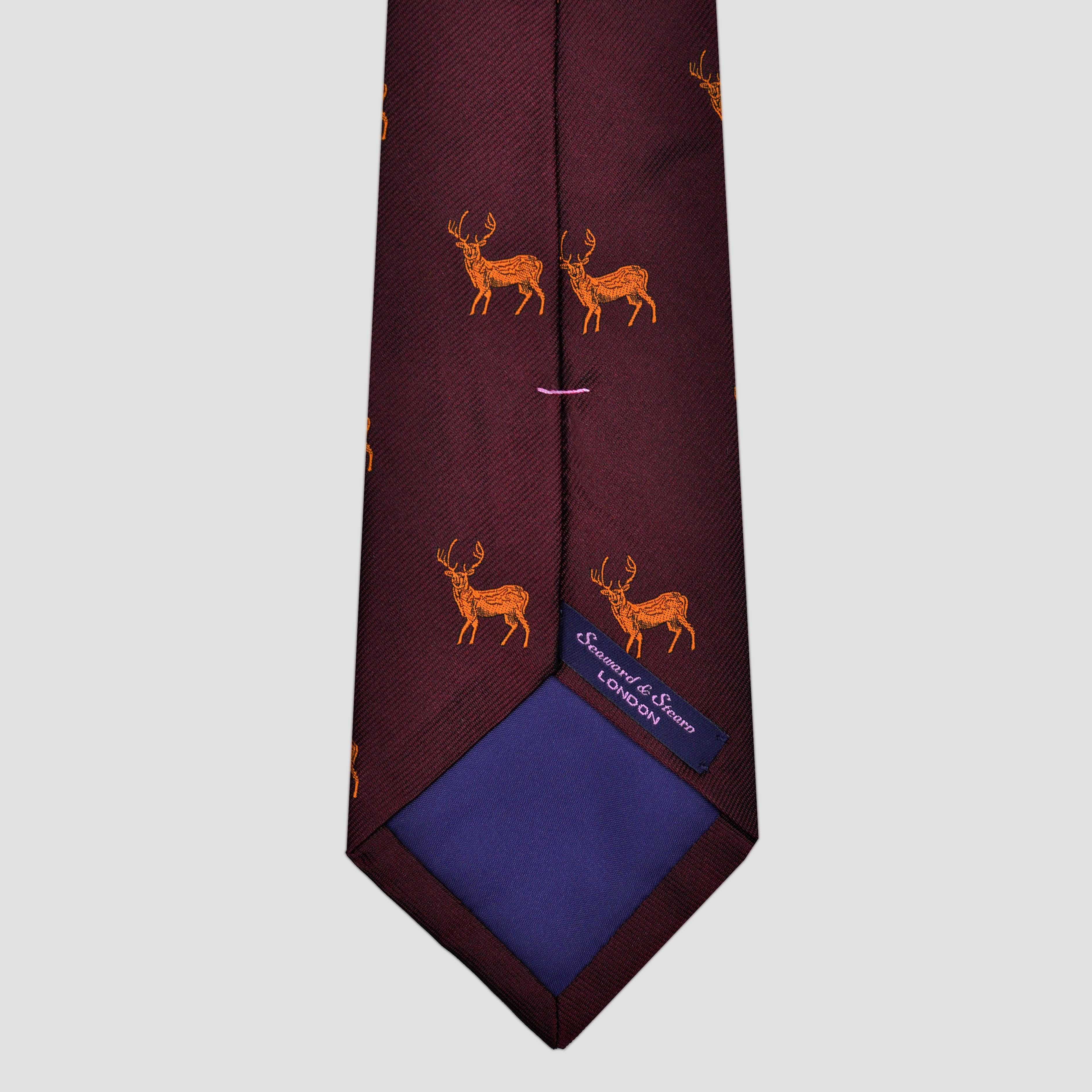 English Woven Silk 'Orange Stag' Tie in Claret