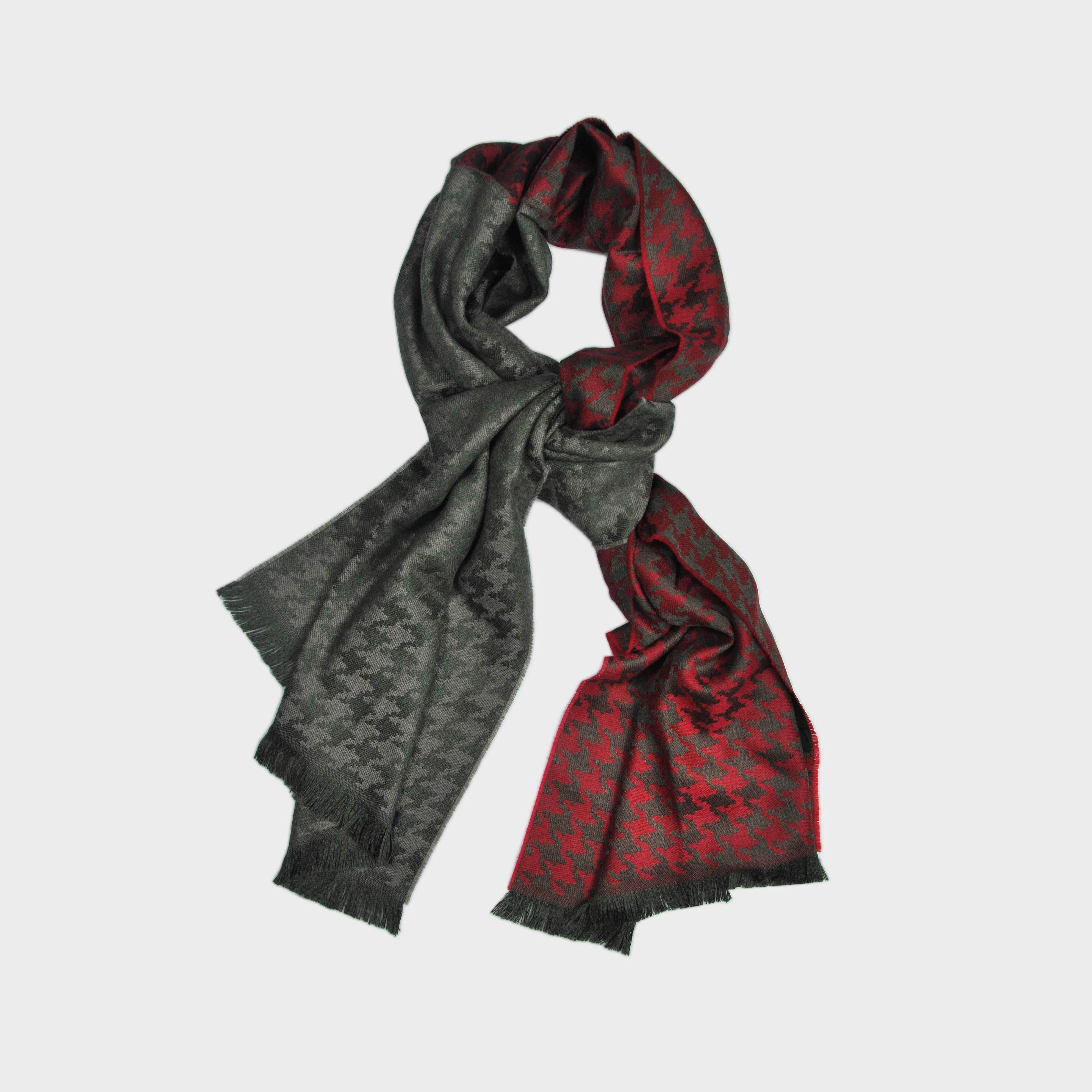 Houndstooth Super Fine Wool Scarf in Olive & Red