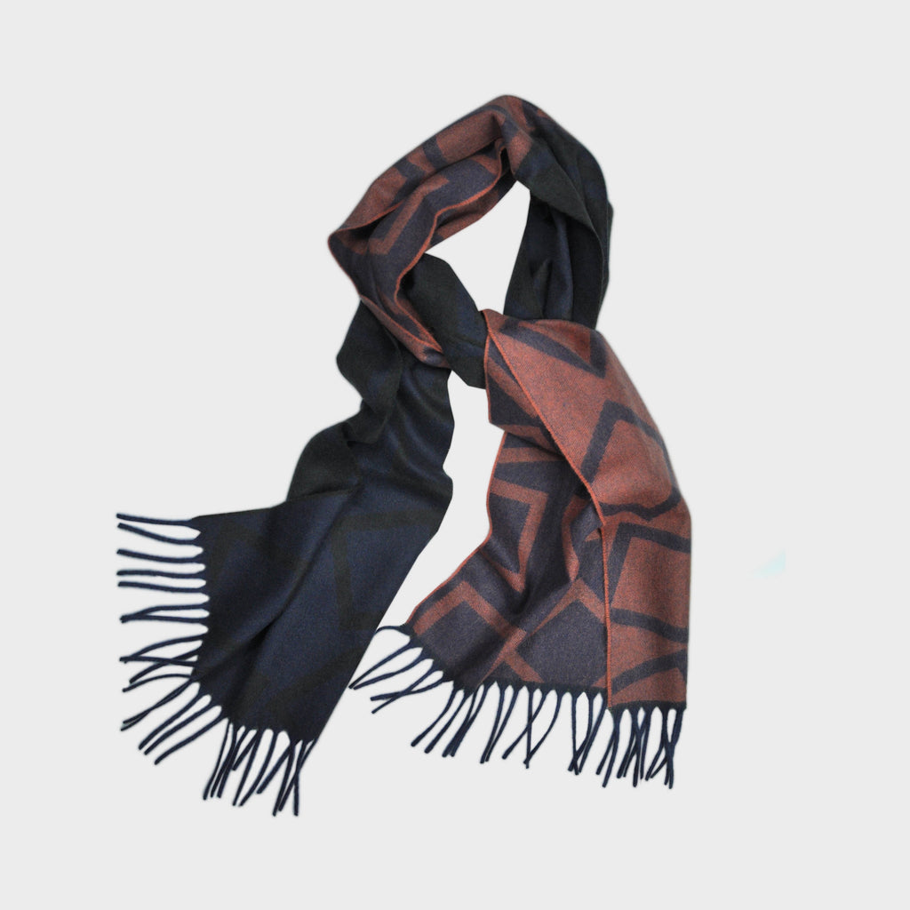 Three Panels of Colour with Geo's Cashmere Scarf in Orange, Blue & Brown