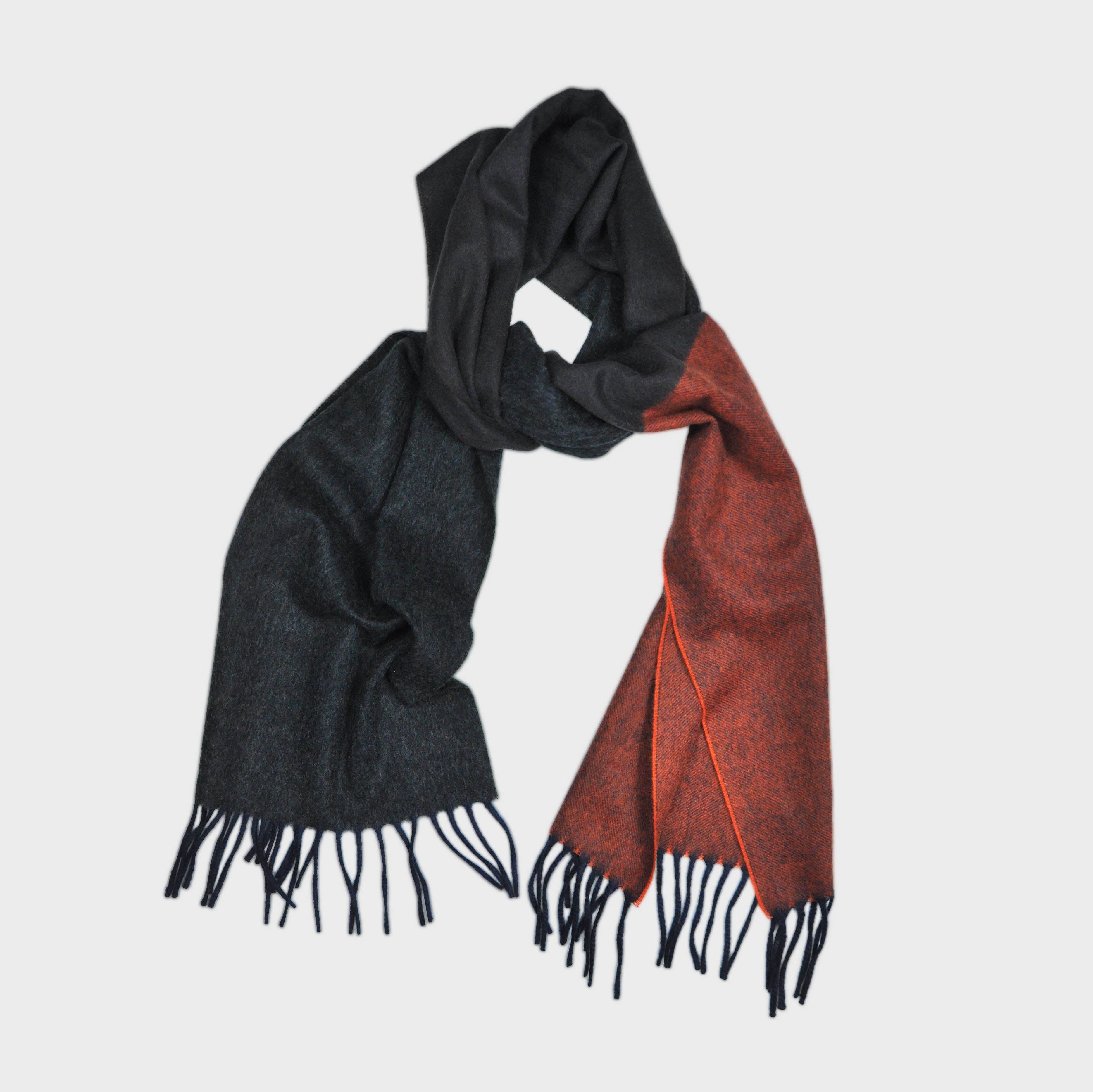 Three Panels of Colour Cashmere Scarf in Rusty Orange, Charcoal & Brown