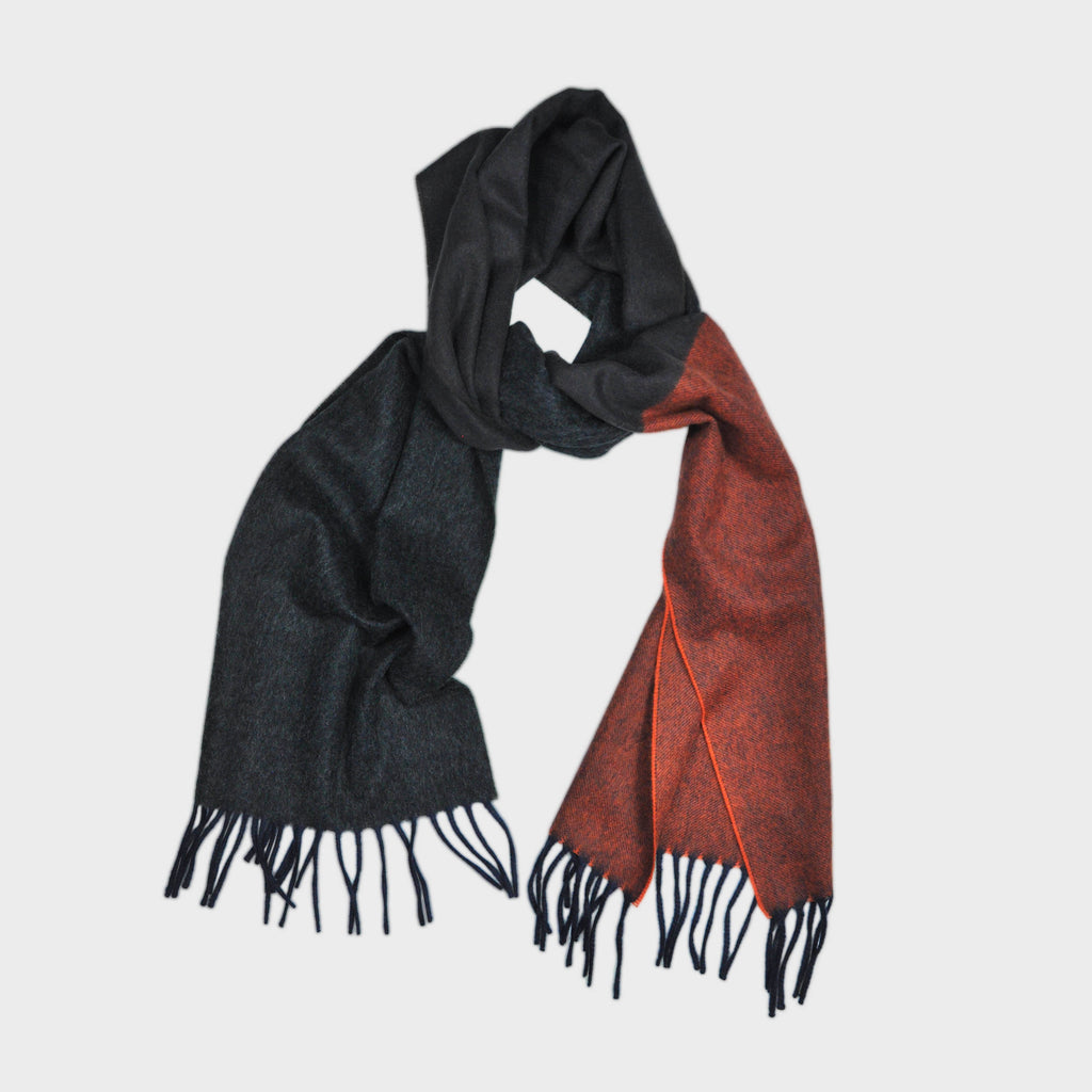Three Panels of Colour Cashmere Scarf in Rusty Orange, Charcoal & Brown
