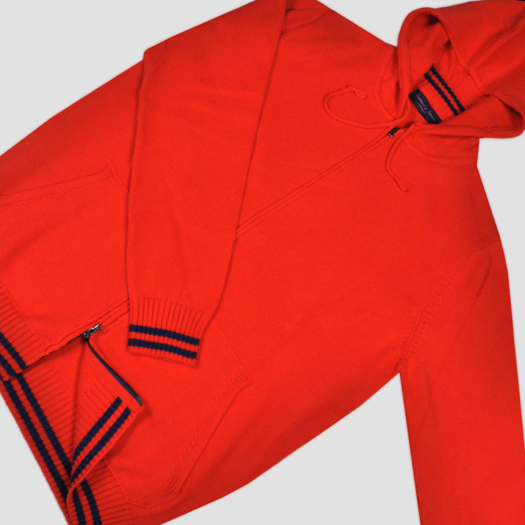 Cotton Zip-up Hooded Jumper in Orange with Blue Bands