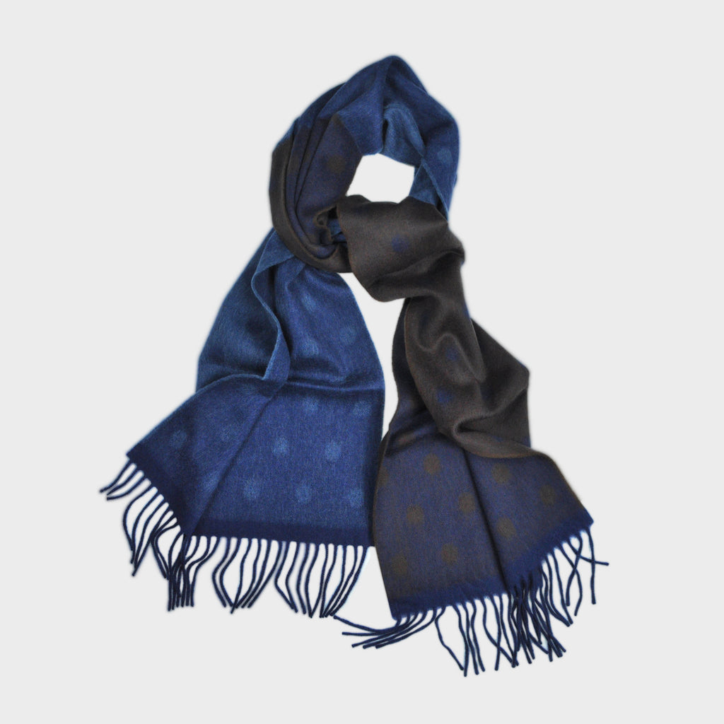 Quarter Panel Wool Scarf with Dots in Blues & Brown