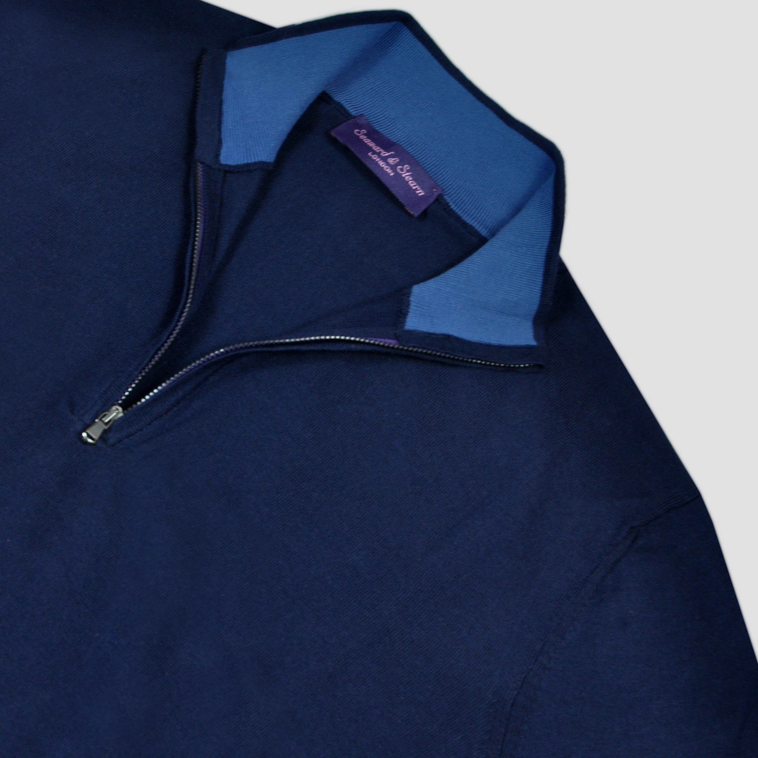 Fine Cotton Quarter Zip Collar in Navy with Light Blue Collar