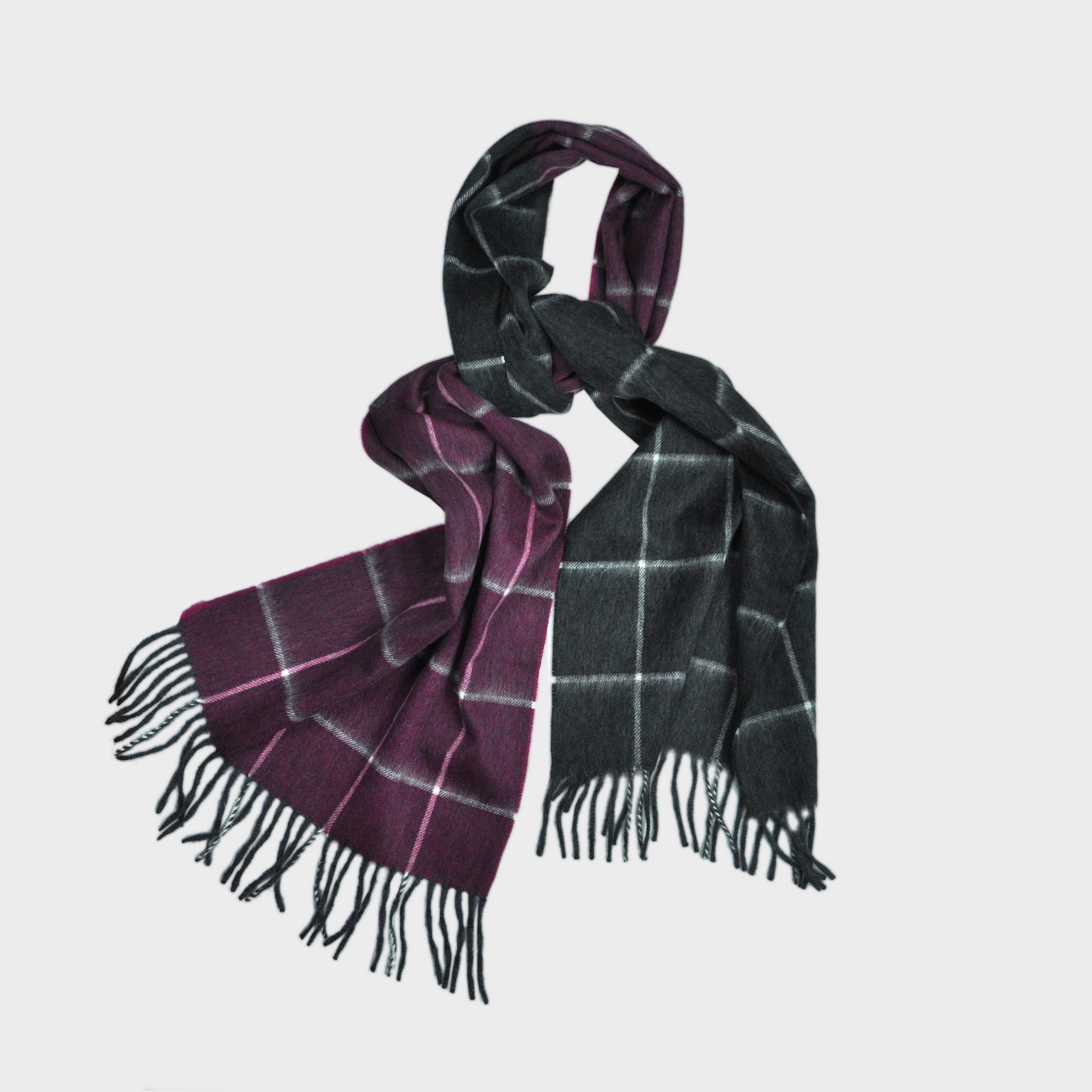 Double Panel Window Pane Wool Scarf in Claret & Grey