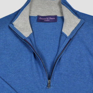 Fine Cotton Quarter Zip Collar in Blue with Grey Collar