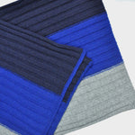 Club Stripes Ribbed Wool Scarf in Navy Blue, Royal Blue & Grey