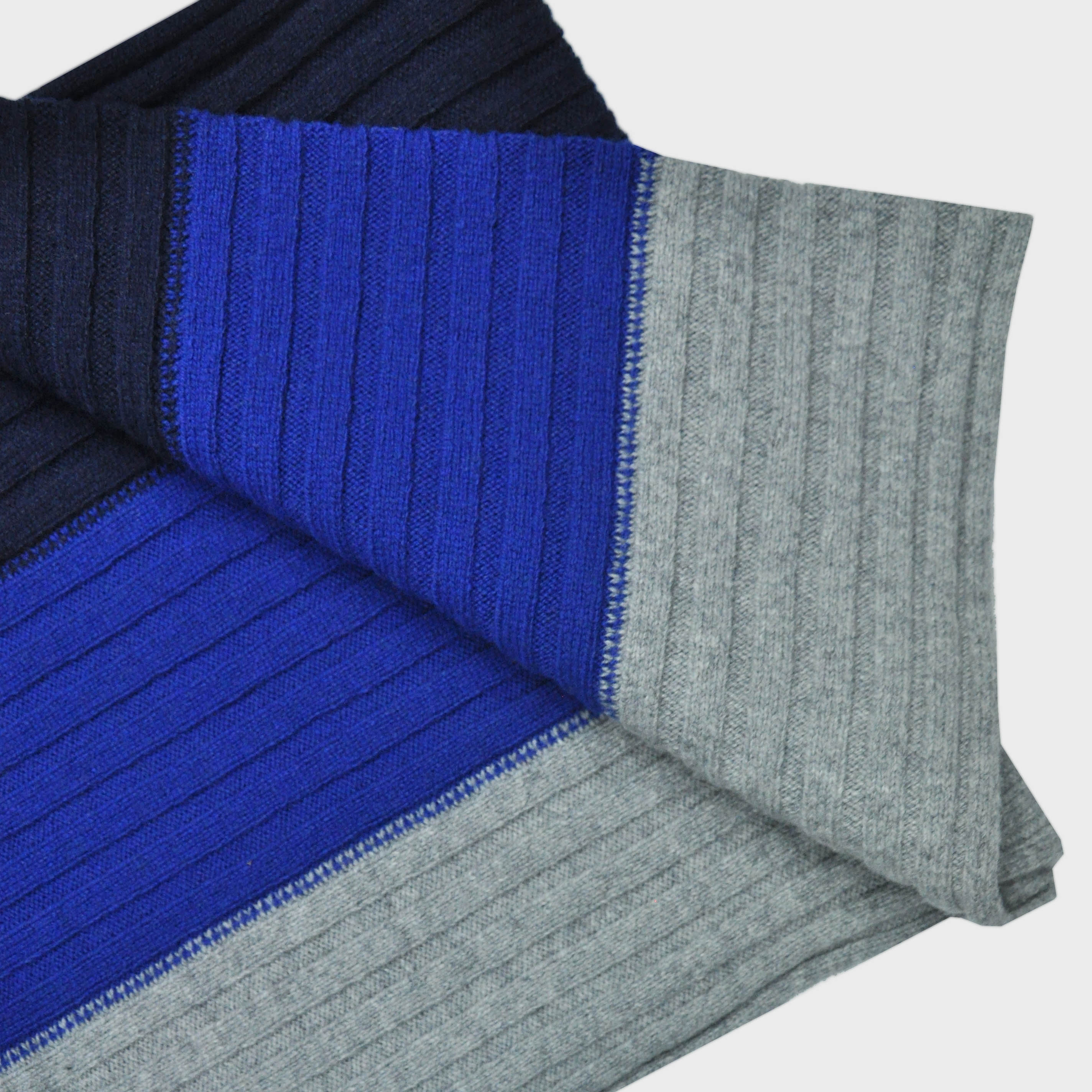 Club Stripes Ribbed Wool Scarf in Navy Blue, Royal Blue & Grey