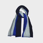 Club Stripes Ribbed Wool Scarf in Navy Blue, Royal Blue & Grey