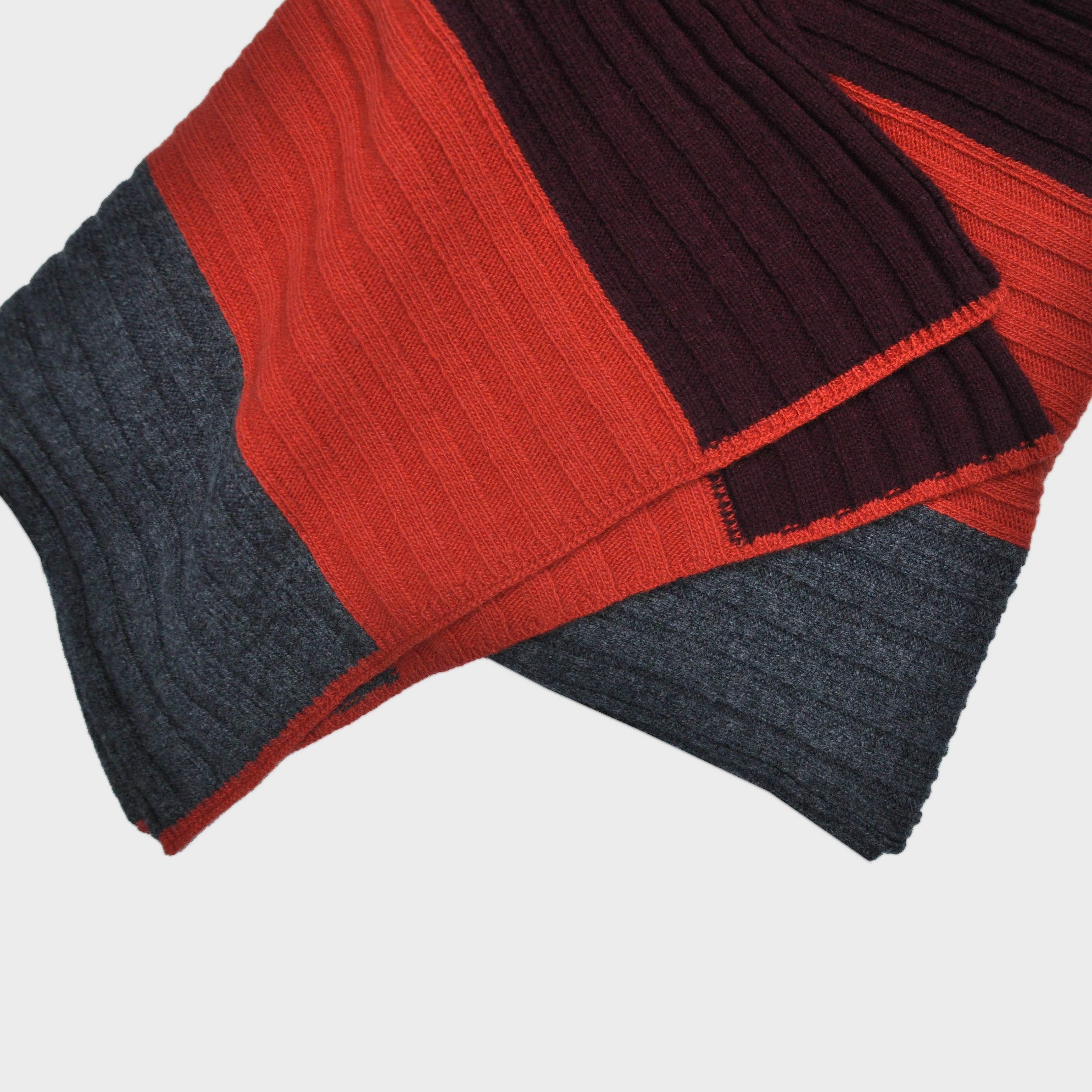 Club Stripes Ribbed Wool Scarf in Claret, Orange & Grey