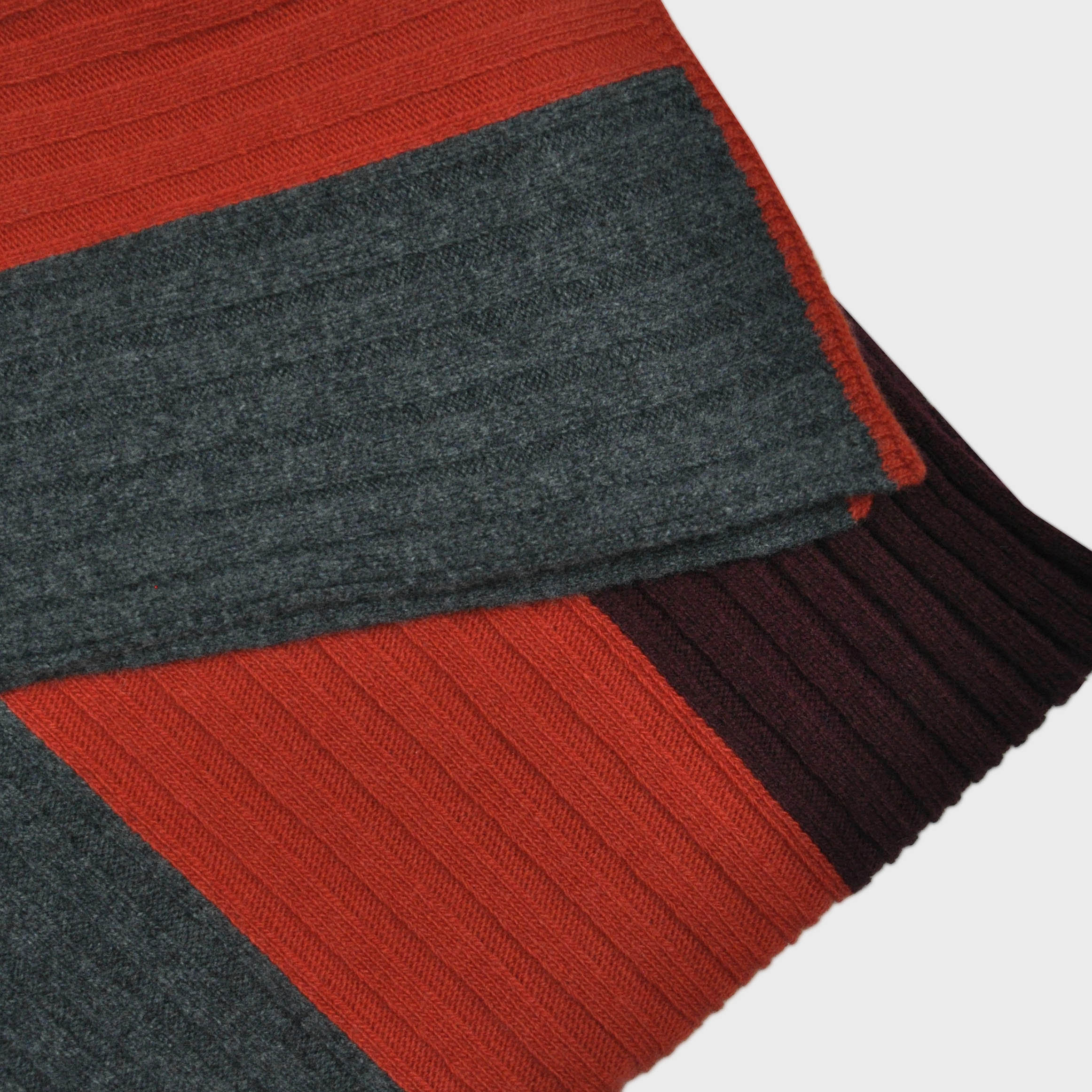 Club Stripes Ribbed Wool Scarf in Claret, Orange & Grey