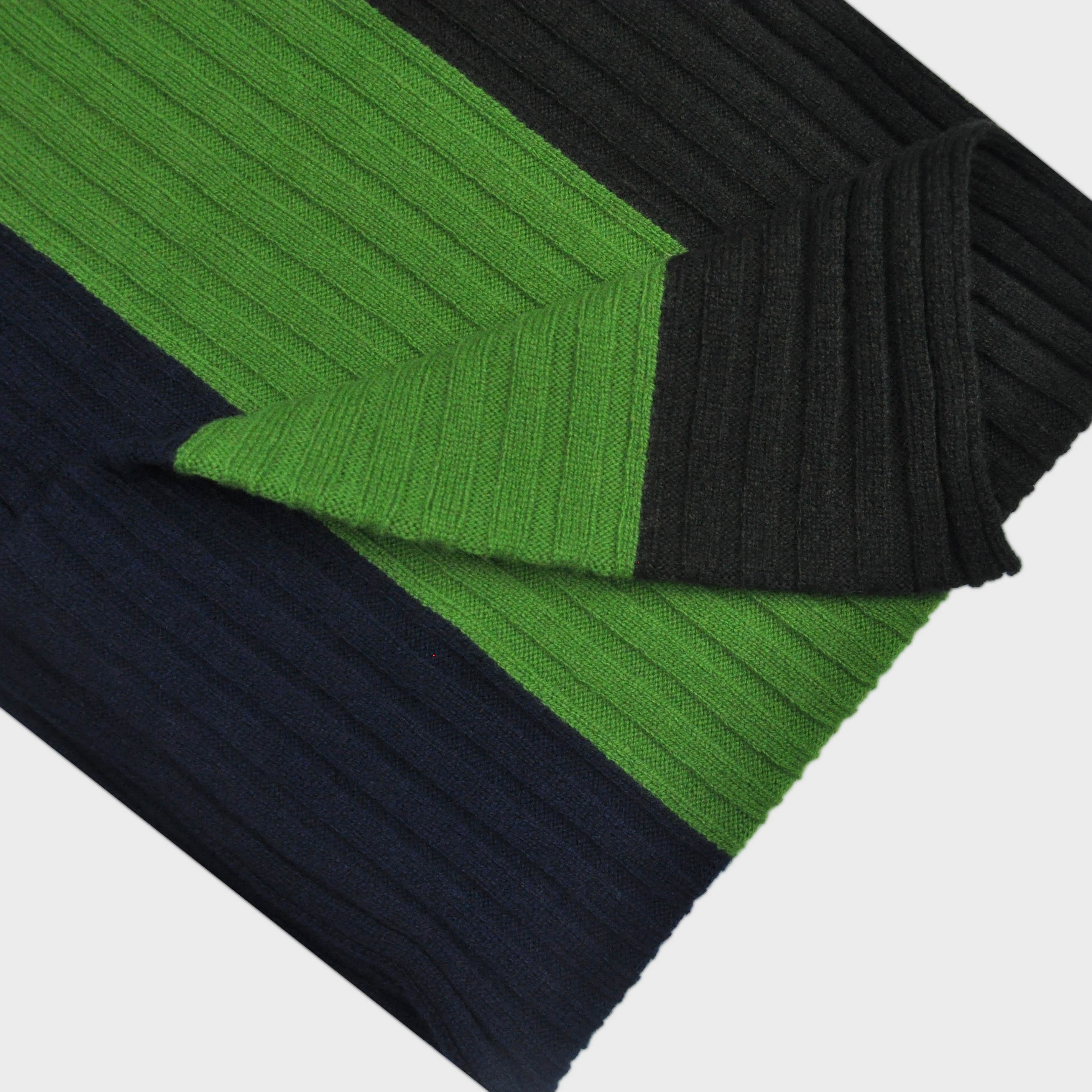 Club Stripes Ribbed Wool Scarf in Navy, Green & Brown
