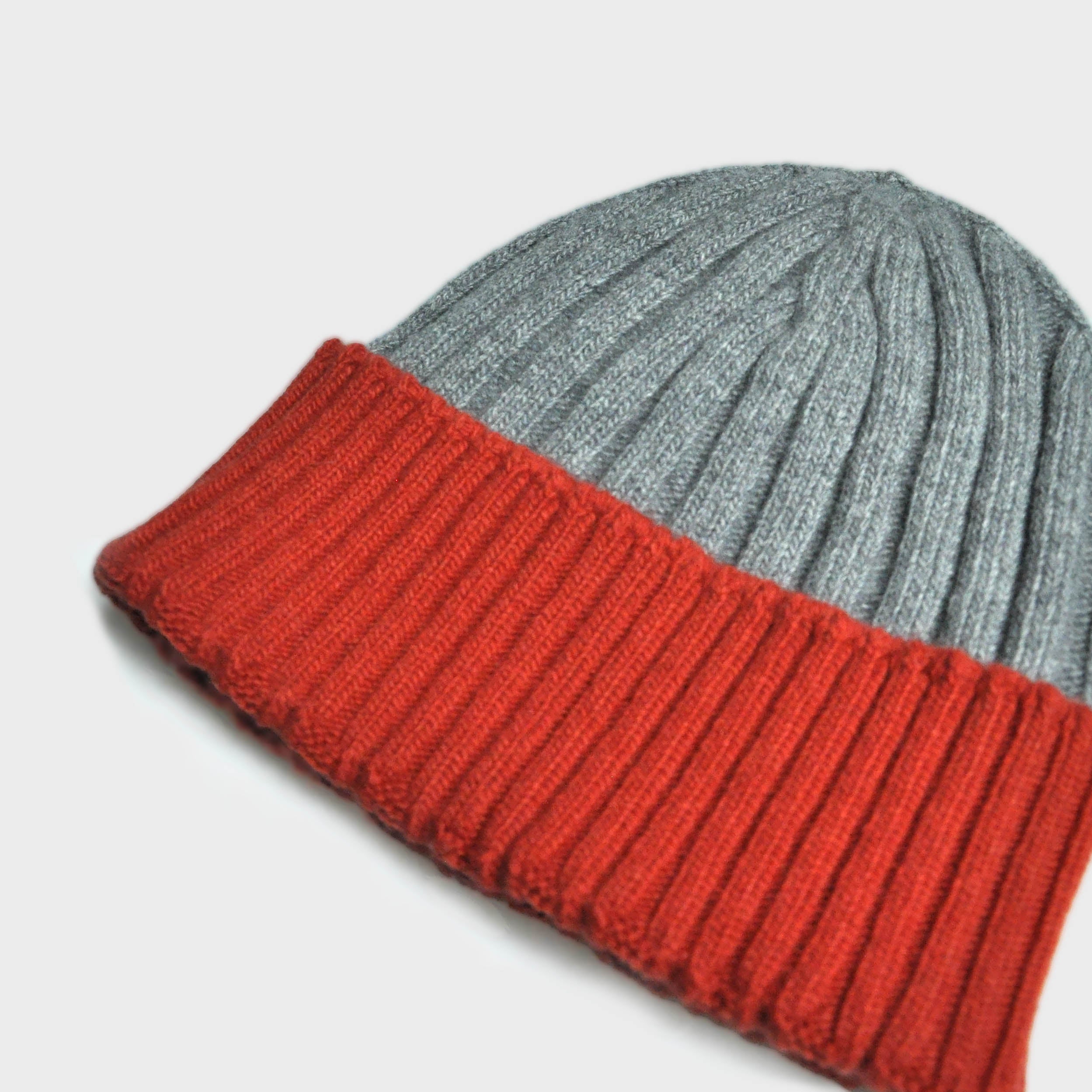 Wool Beanie in Grey & Orange