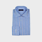 Spread Collar Linen Shirt in Light Blue with Medium Ecru Stripes