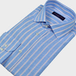 Spread Collar Linen Shirt in Light Blue with Medium Ecru Stripes