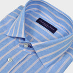 Spread Collar Linen Shirt in Light Blue with Medium Ecru Stripes