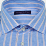 Spread Collar Linen Shirt in Light Blue with Medium Ecru Stripes