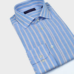 Spread Collar Linen Shirt in Light Blue with Medium Ecru Stripes