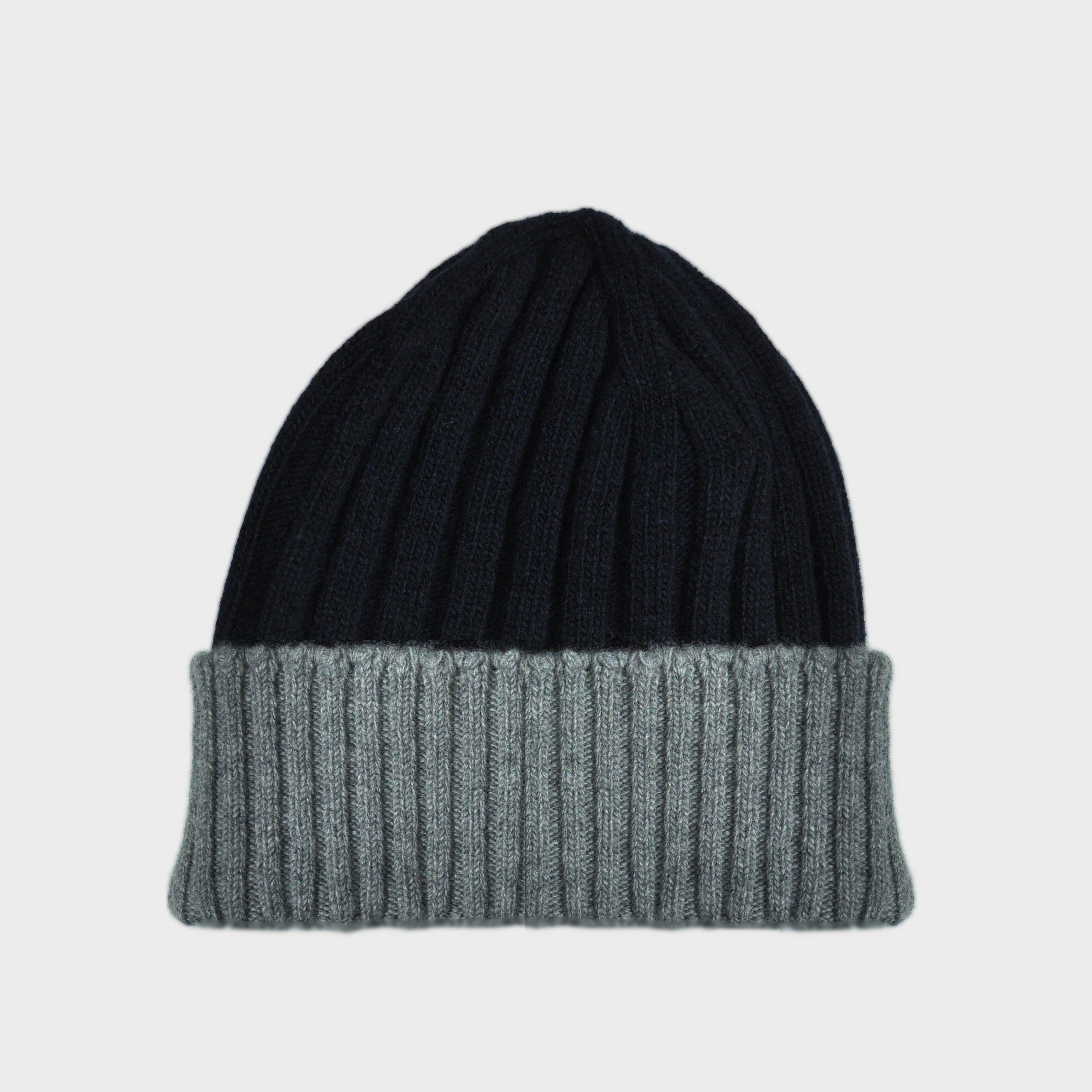Wool Beanie in Navy Blue & Grey