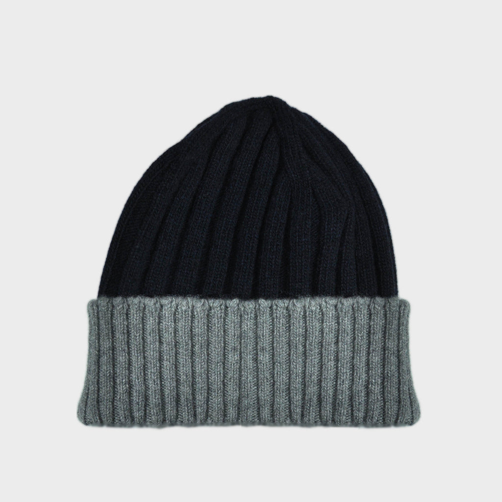 Wool Beanie in Navy Blue & Grey