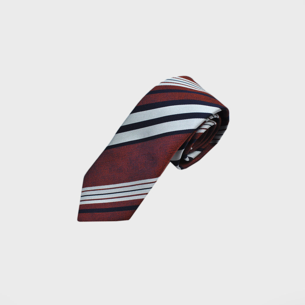 Mixed Stripes Silk Tie in Rusty Brown, Blue & White