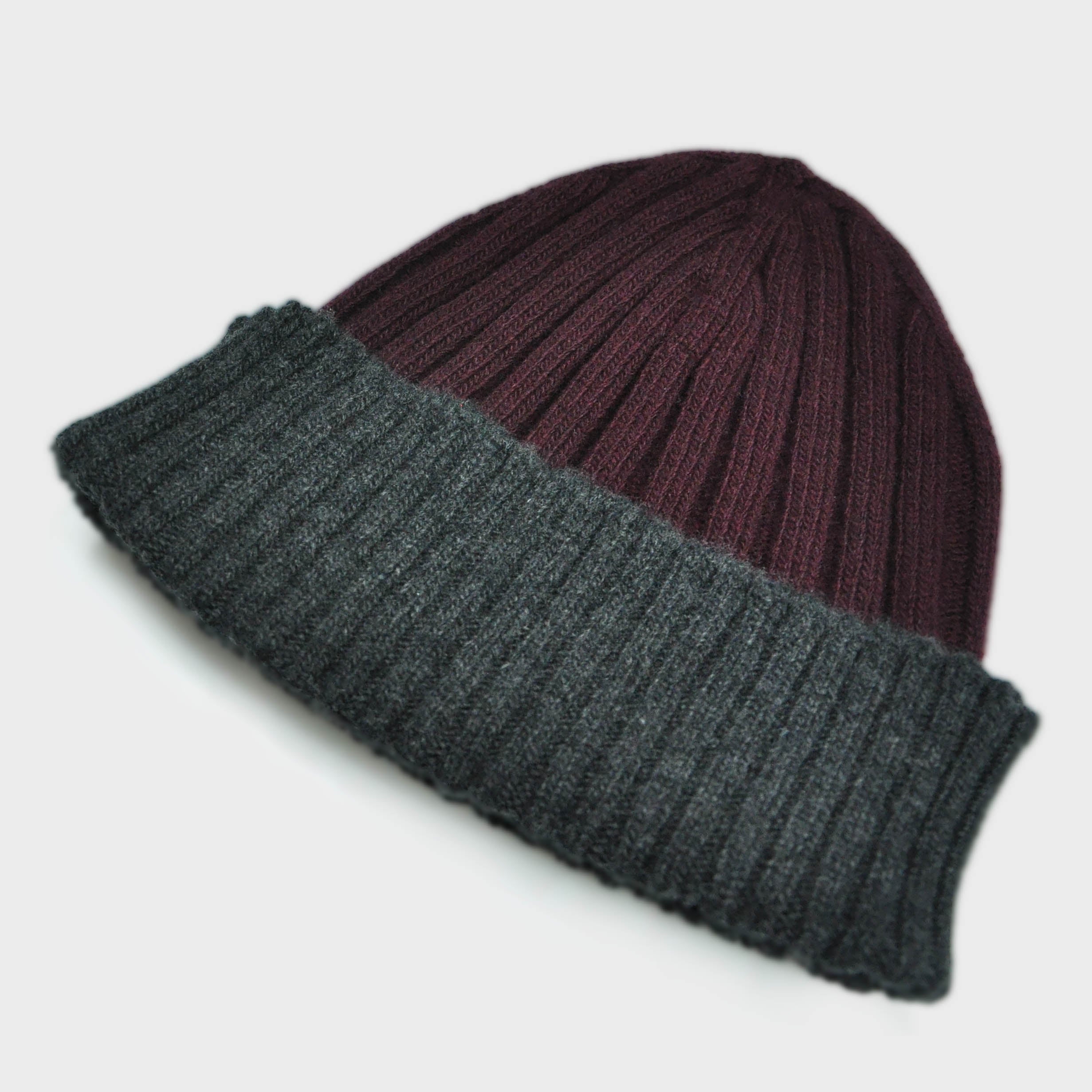 Wool Beanie in Claret & Charcoal