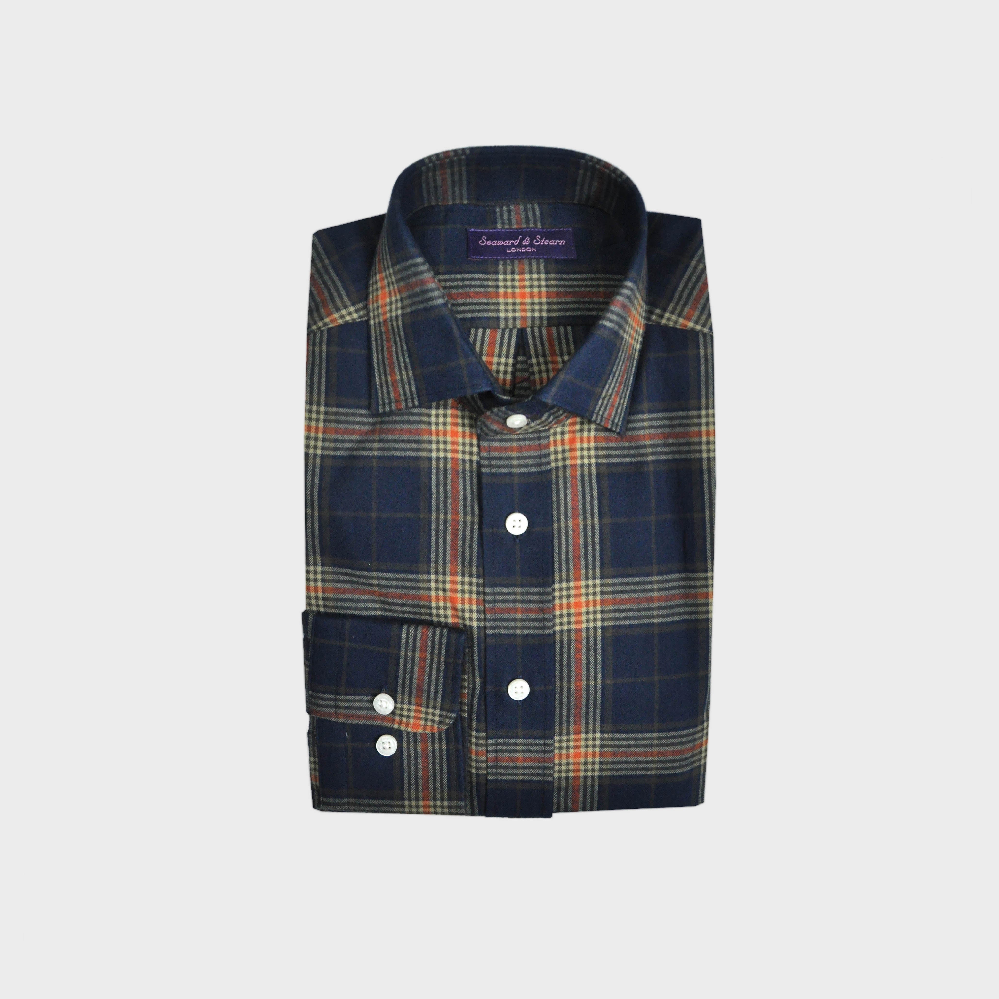 Brushed Cotton Spread Collar Check Shirt in Navy, Brown & Orange