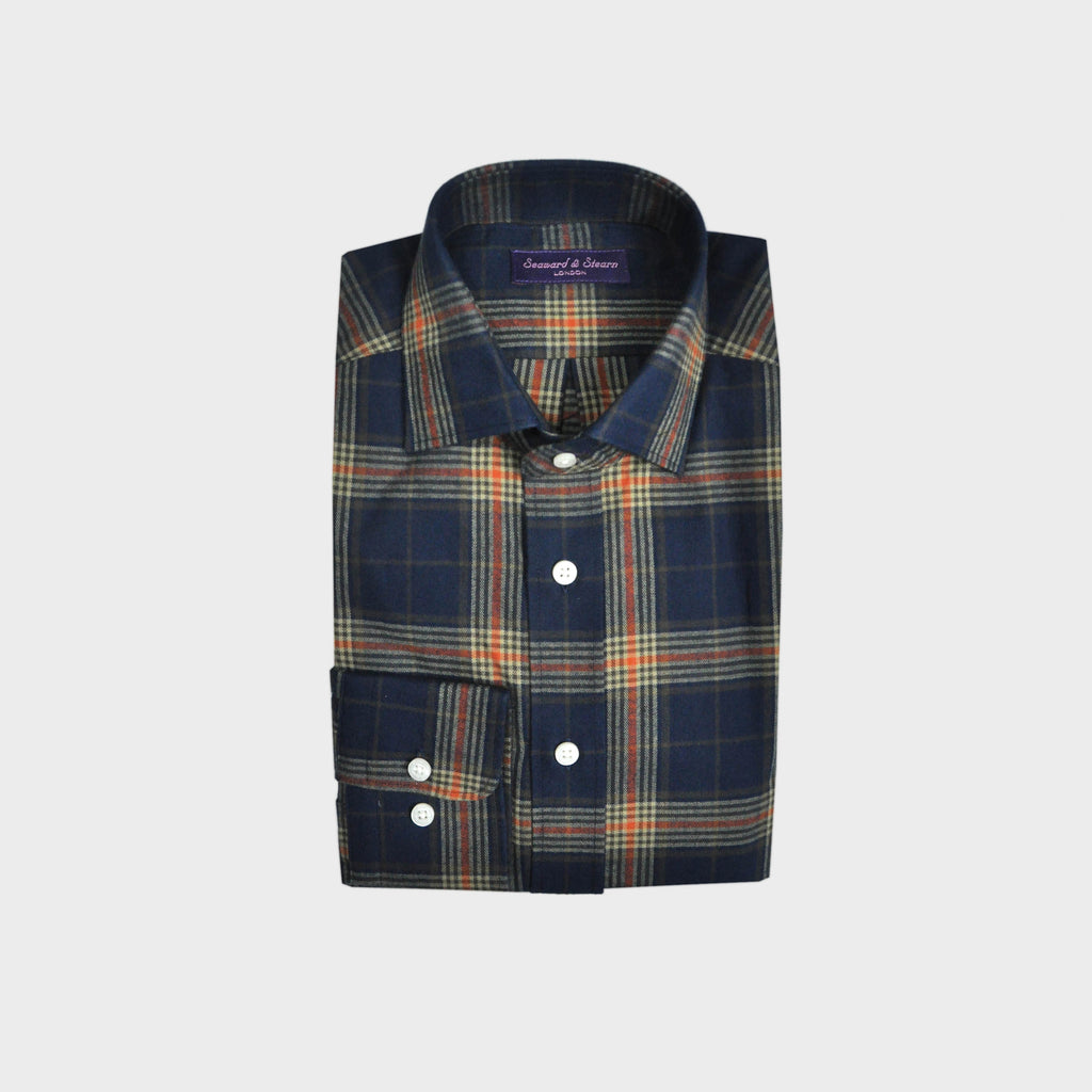 Brushed Cotton Spread Collar Check Shirt in Navy, Brown & Orange