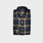 Brushed Cotton Spread Collar Check Shirt in Navy, Brown & Orange