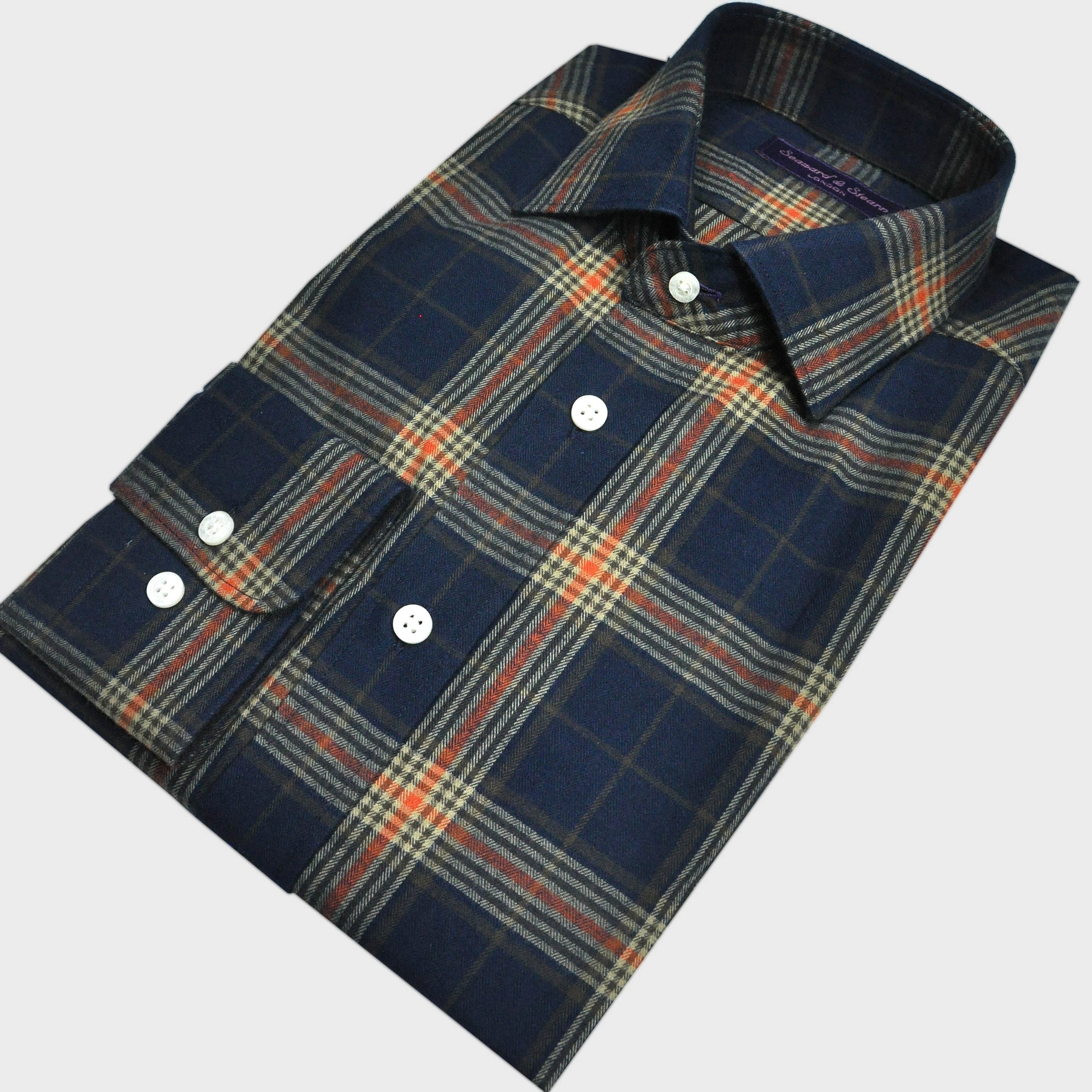 Brushed Cotton Spread Collar Check Shirt in Navy, Brown & Orange