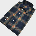 Brushed Cotton Spread Collar Check Shirt in Navy, Brown & Orange