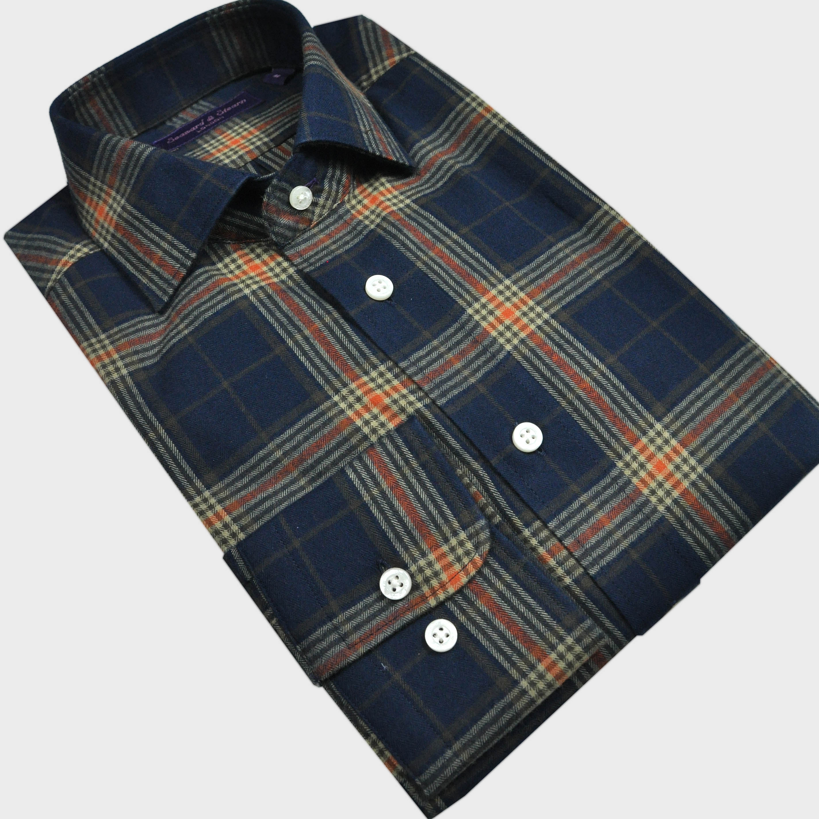 Brushed Cotton Spread Collar Check Shirt in Navy, Brown & Orange