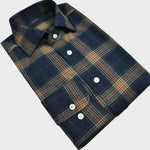 Brushed Cotton Spread Collar Check Shirt in Navy, Brown & Orange