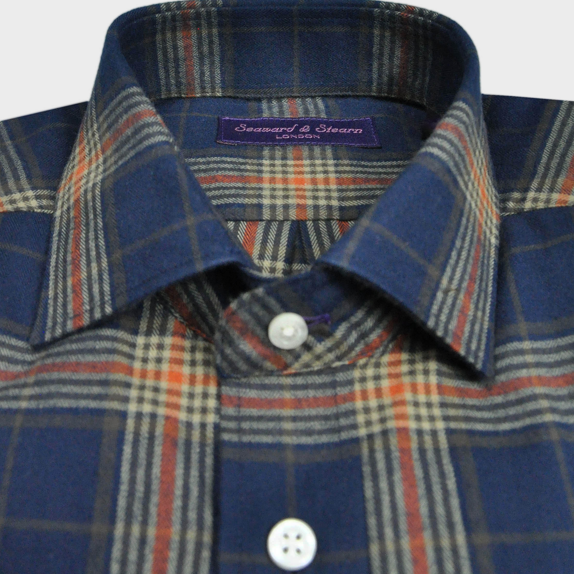 Brushed Cotton Spread Collar Check Shirt in Navy, Brown & Orange