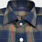 Brushed Cotton Spread Collar Check Shirt in Navy, Brown & Orange