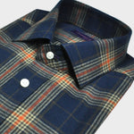 Brushed Cotton Spread Collar Check Shirt in Navy, Brown & Orange