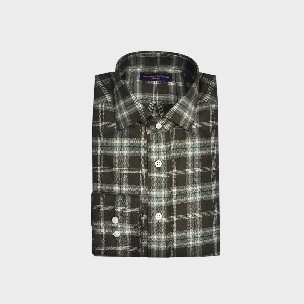 Brushed Cotton Spread Collar Check Shirt in Brown & Beige