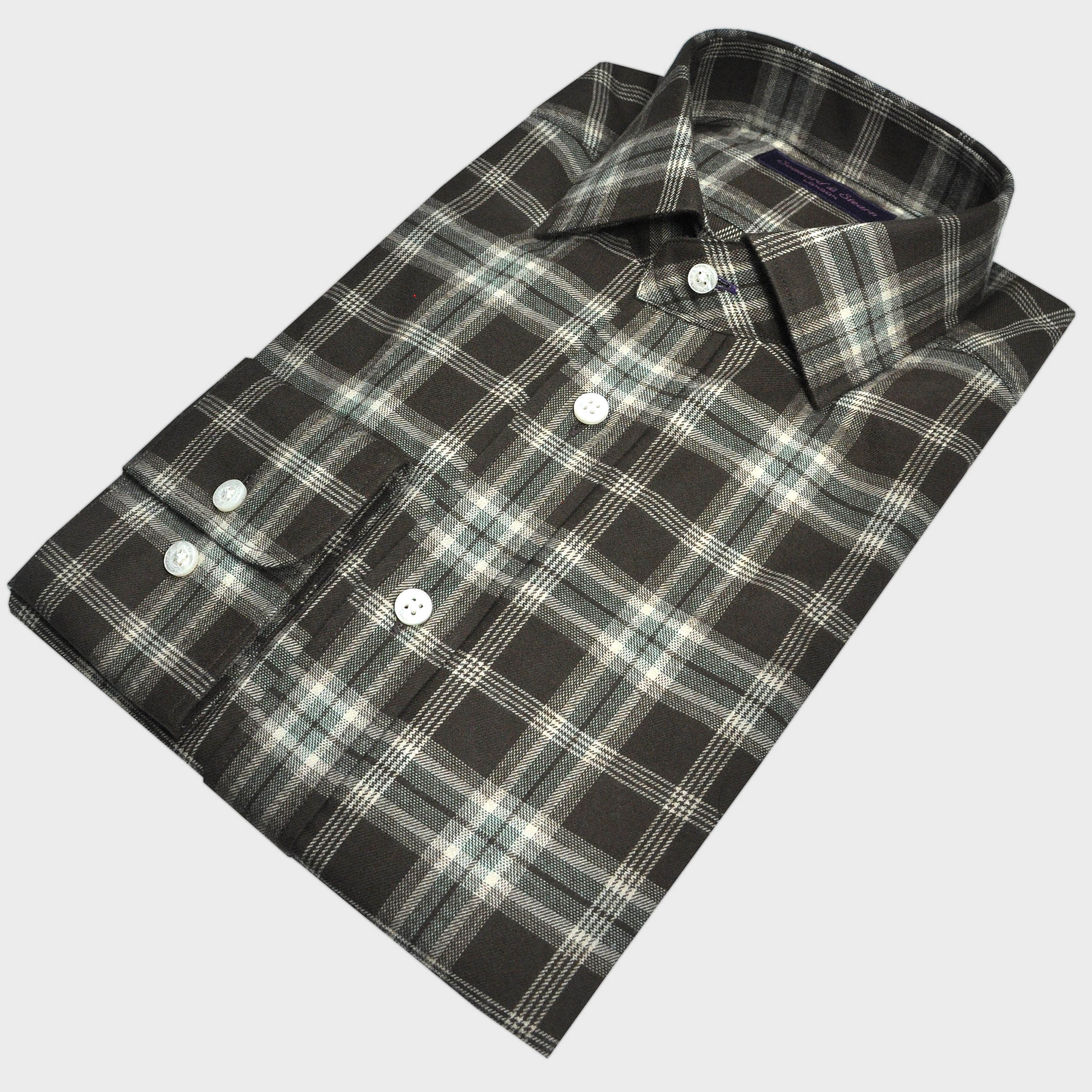 Brushed Cotton Spread Collar Check Shirt in Brown & Beige