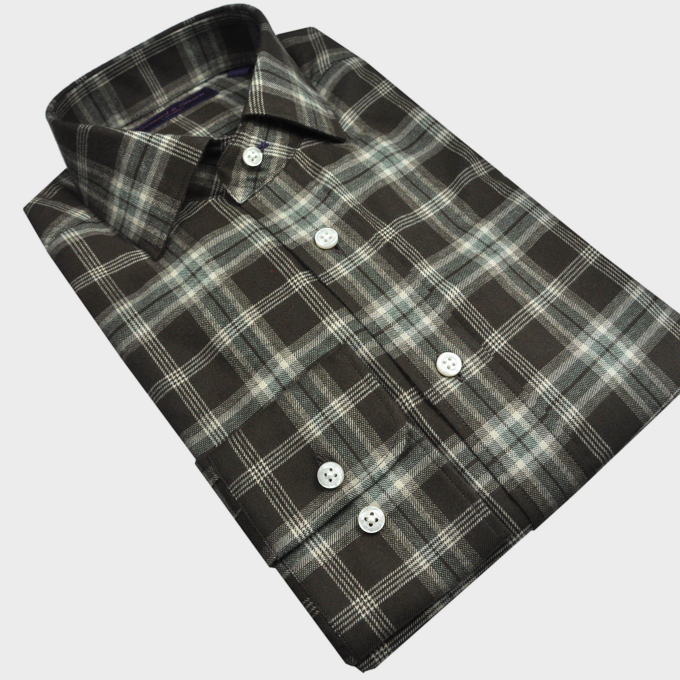 Brushed Cotton Spread Collar Check Shirt in Brown & Beige